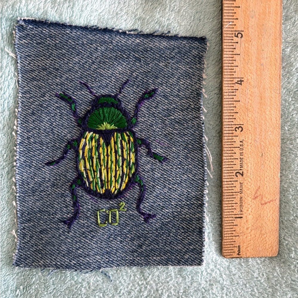 Hand Embroidered Beetle Patch on Denim - Picture 2 of 4